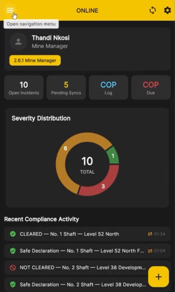Mobile home dashboard with open incidents, pending syncs and severity distribution