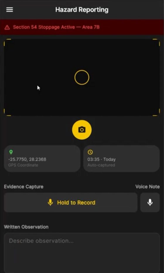 MinesureIO hazard reporting screen with camera, GPS coordinate, timestamp and voice note