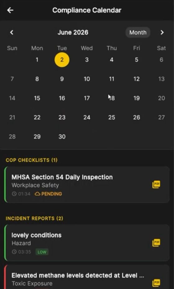 Compliance calendar listing checklists and incident reports by date