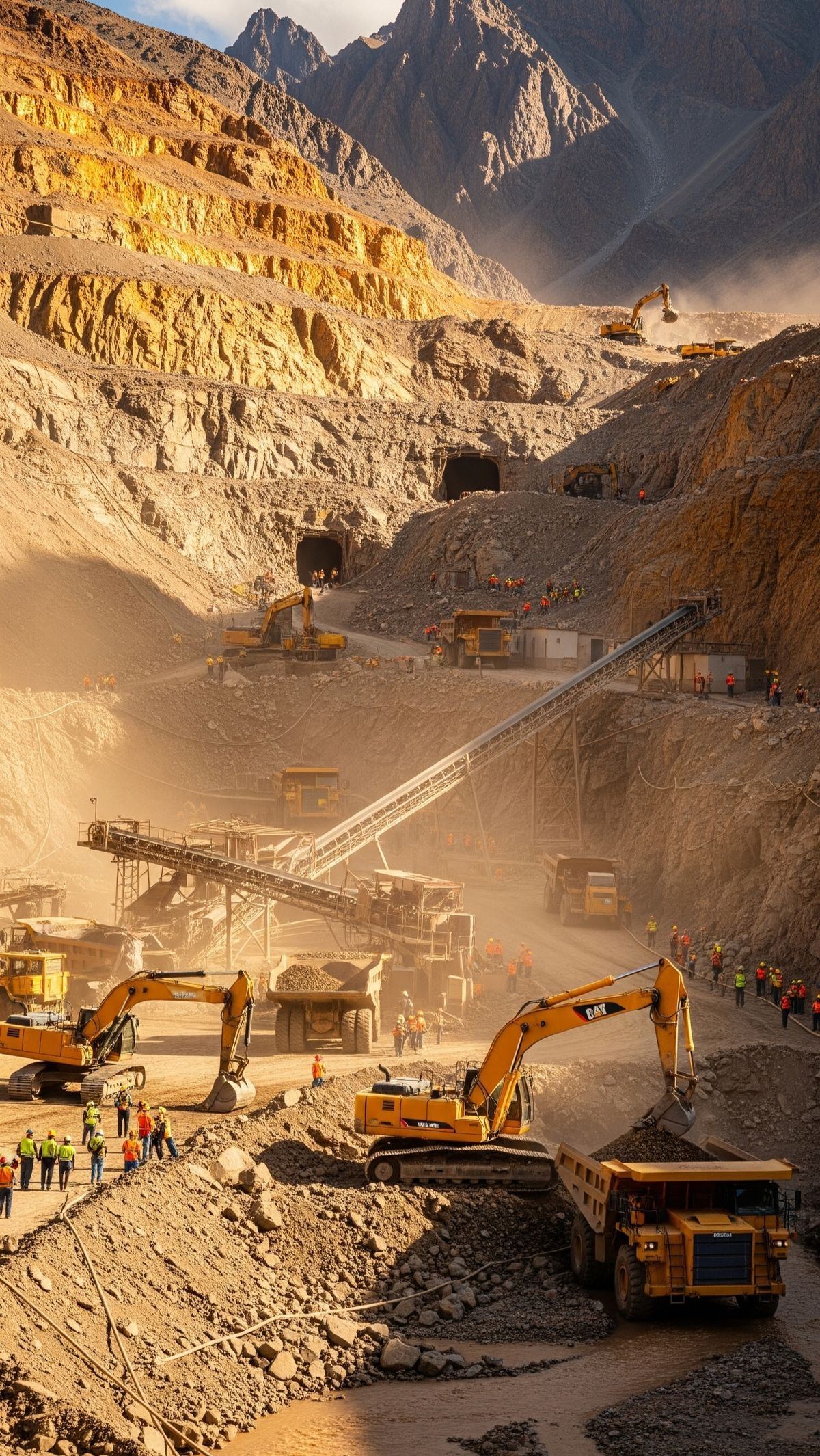 Open-pit mine with excavators, haul trucks, a conveyor and teams of workers in hard hats